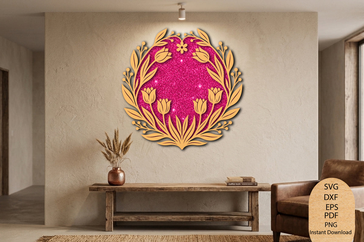 Floral Round Wall Decor Laser Cut SVG, Botanical Flower Wood Cut File