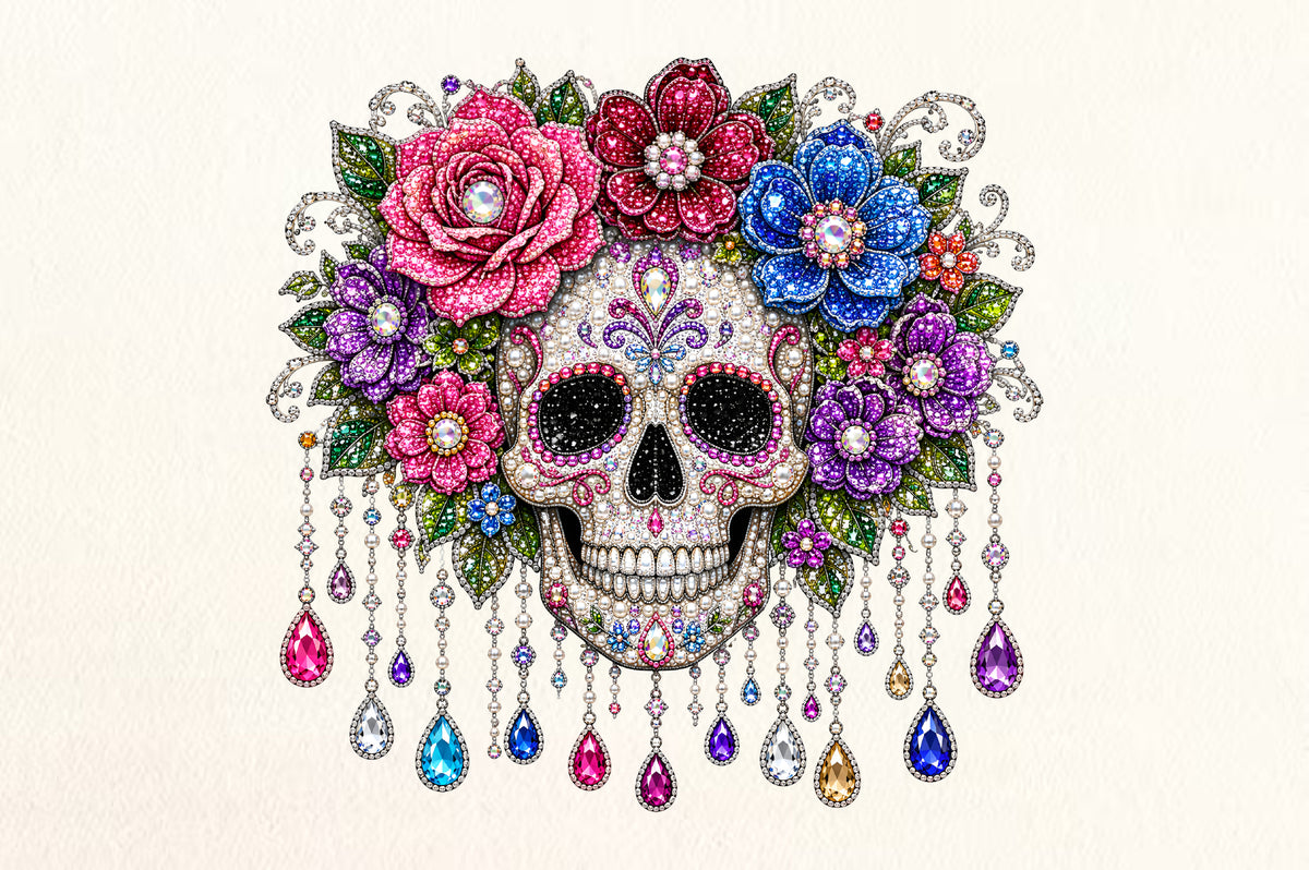 Floral Sugar Skull Rhinestone PNG