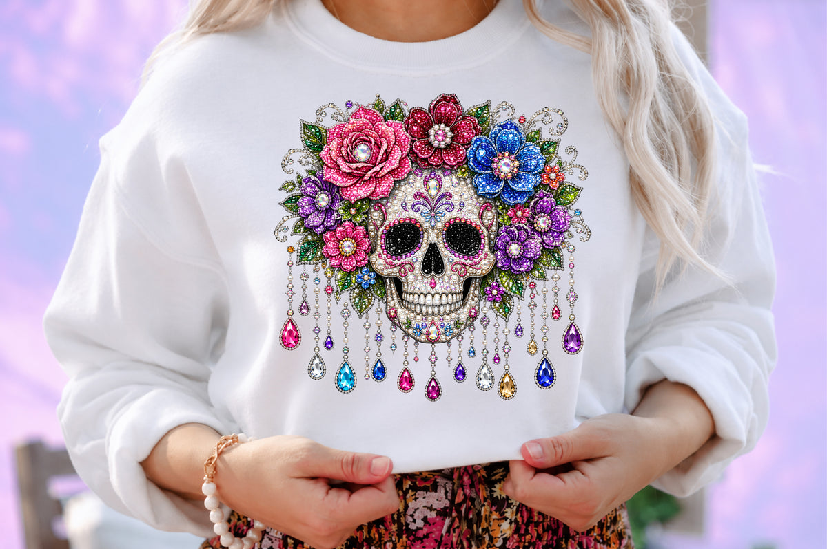 Floral Sugar Skull Rhinestone PNG