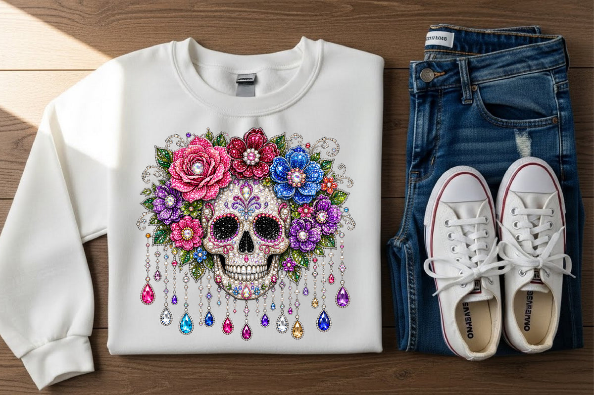 Floral Sugar Skull Rhinestone PNG