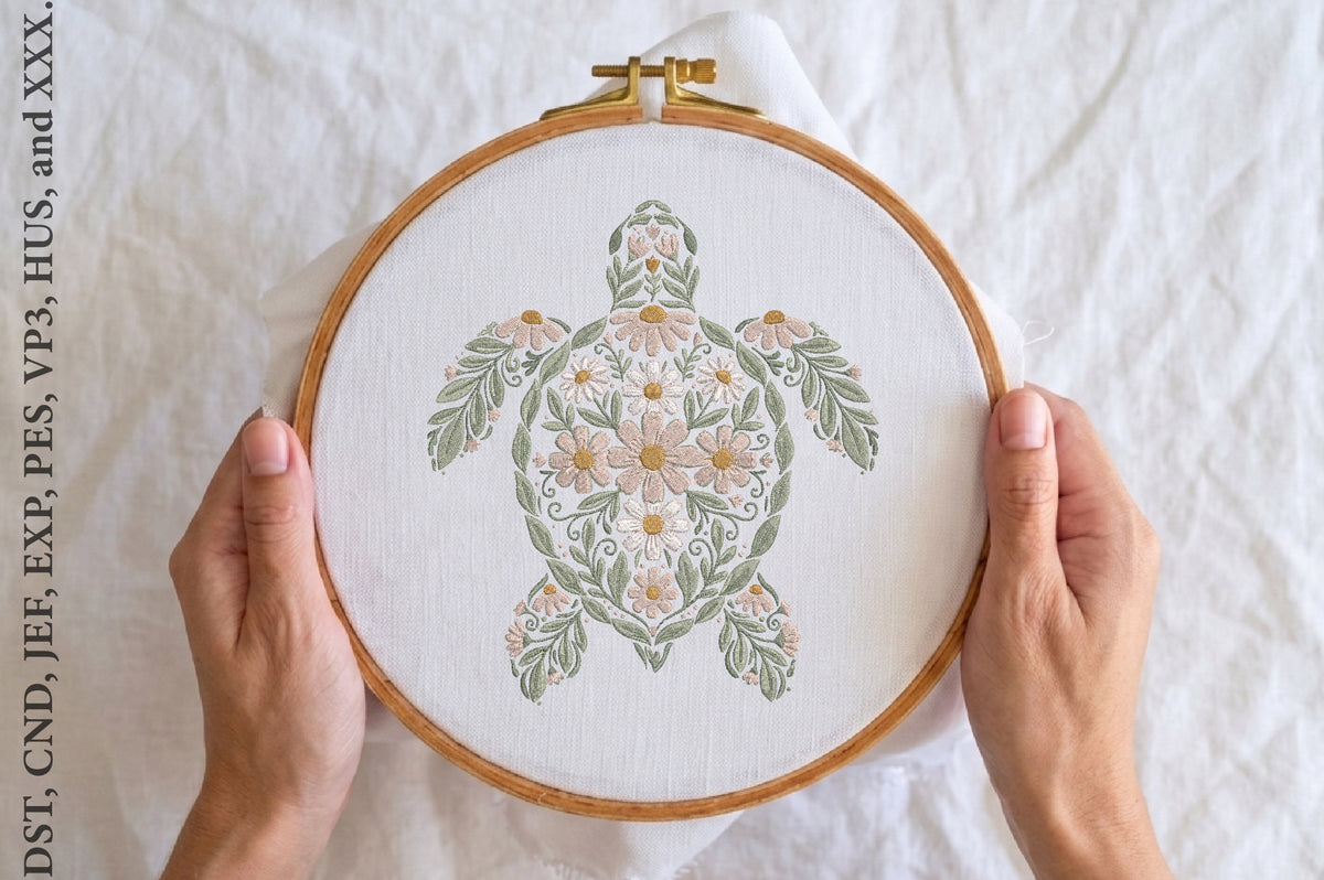 Floral Turtle Embroidery Design – Cute Turtle & Flower Machine Embroidery Pattern, Whimsical Botanical Animal Embroidery Design