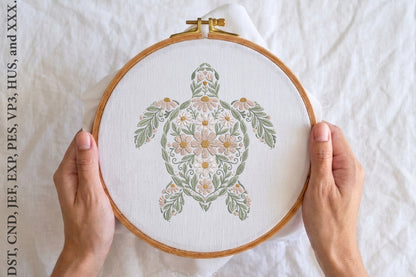 Floral Turtle Embroidery Design – Cute Turtle & Flower Machine Embroidery Pattern, Whimsical Botanical Animal Embroidery Design