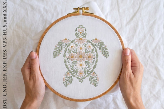 Floral Turtle Embroidery Design – Cute Turtle & Flower Machine Embroidery Pattern, Whimsical Botanical Animal Embroidery Design