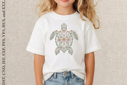 Floral Turtle Embroidery Design – Cute Turtle & Flower Machine Embroidery Pattern, Whimsical Botanical Animal Embroidery Design