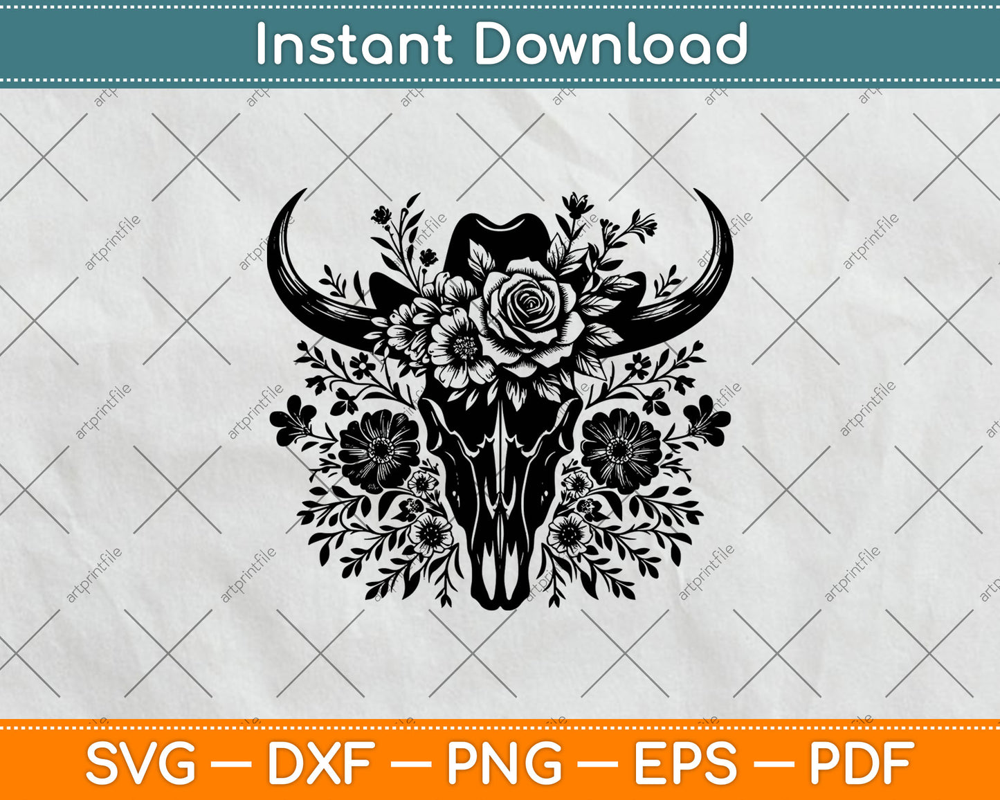 Floral Western Cow Skull Flowers Svg Digital Cutting File