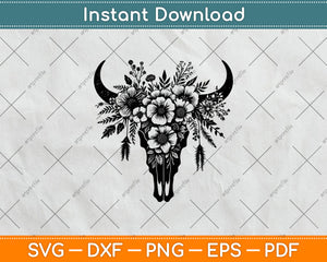 Floral Western Cow Skull Flowers Svg Design Digital Cutting File