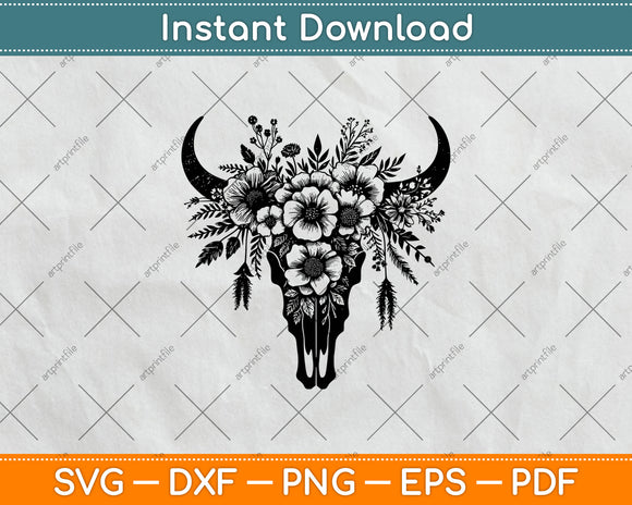 Floral Western Cow Skull Flowers Svg Design Digital Cutting File