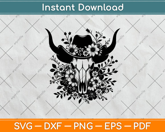 Floral Western Cow Skull Flowers Vector Svg Digital Cutting File