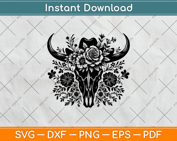 Floral Western Cow Skull Flowers Svg Digital Cutting File