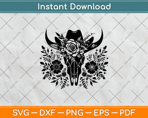 Floral Western Cow Skull Flowers Svg Design Digital Cutting File