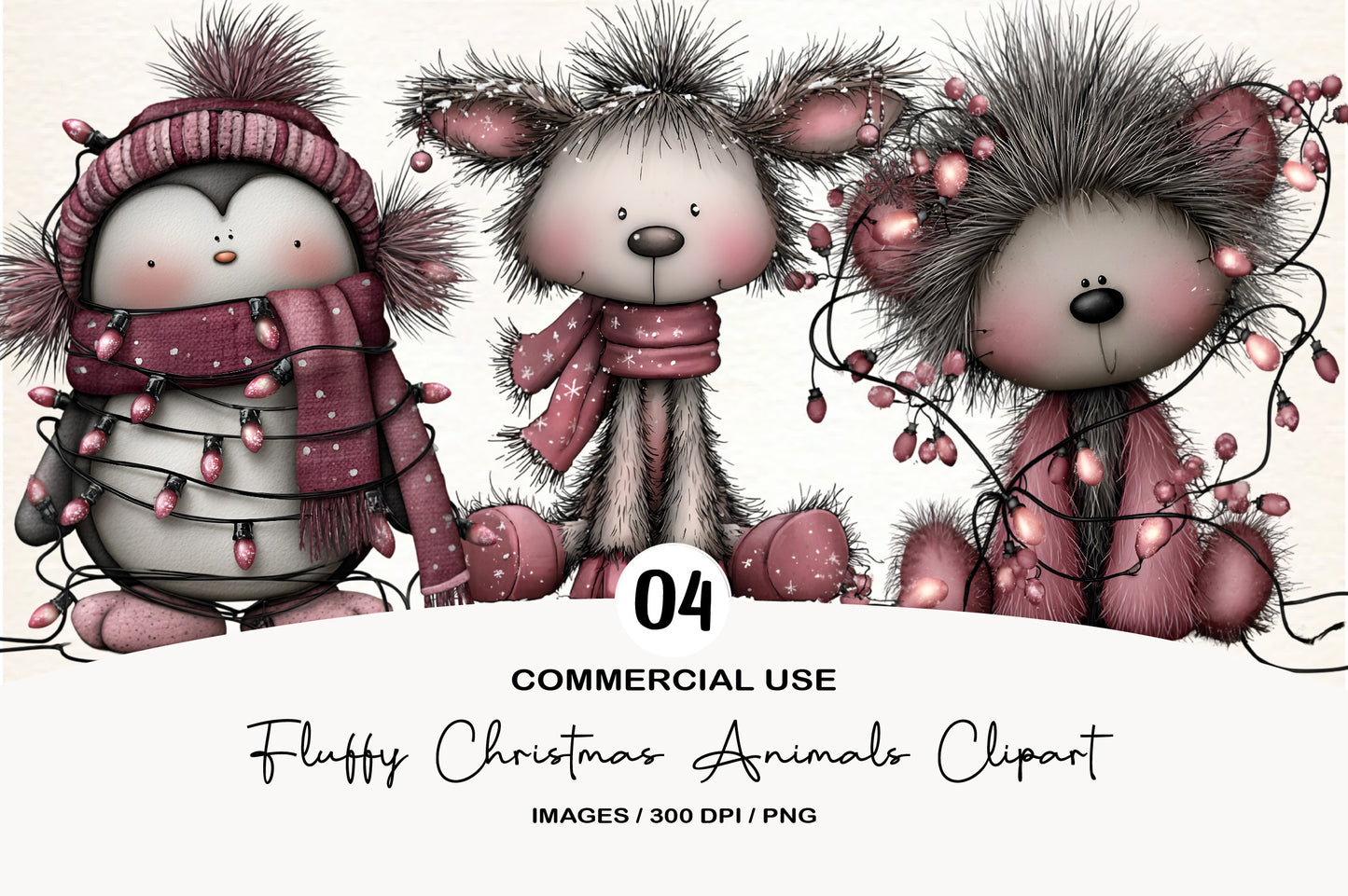 Fluffy Christmas Animals Clipart PNG Bundle | Cute Watercolor Holiday Animal Clipart | Cozy Winter Animals