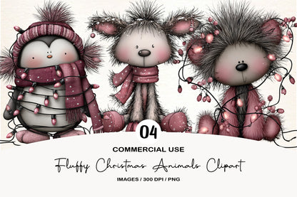 Fluffy Christmas Animals Clipart PNG Bundle | Cute Watercolor Holiday Animal Clipart | Cozy Winter Animals