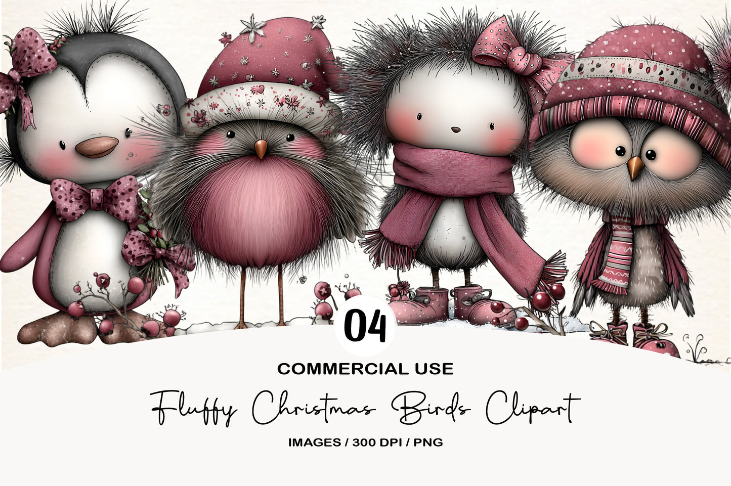 Fluffy Christmas Birds Clipart PNG Bundle | Cute Watercolor Holiday Bird Clipart | Cozy Winter Birds PNG