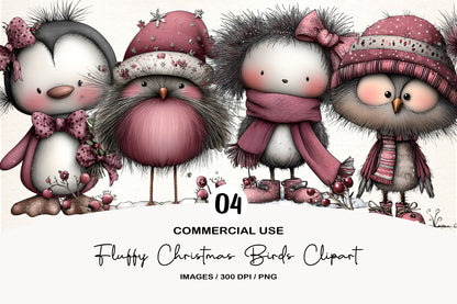 Fluffy Christmas Birds Clipart PNG Bundle | Cute Watercolor Holiday Bird Clipart | Cozy Winter Birds PNG