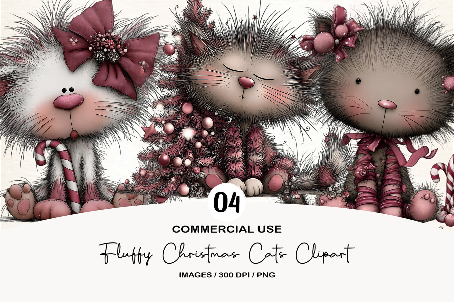 Fluffy Christmas Cats Clipart PNG Bundle | Cute Watercolor Holiday Cat Clipart | Cozy Winter Cats PNG
