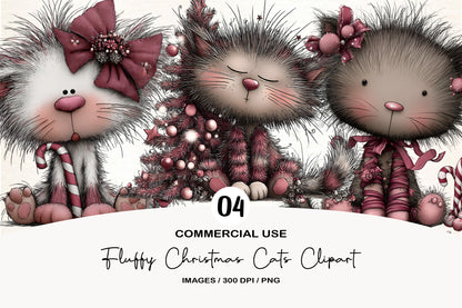 Fluffy Christmas Cats Clipart PNG Bundle | Cute Watercolor Holiday Cat Clipart | Cozy Winter Cats PNG