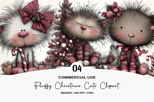 Fluffy Christmas Cats Clipart PNG Bundle | Cute Watercolor Holiday Cat Clipart | Cozy Winter Cats PNG