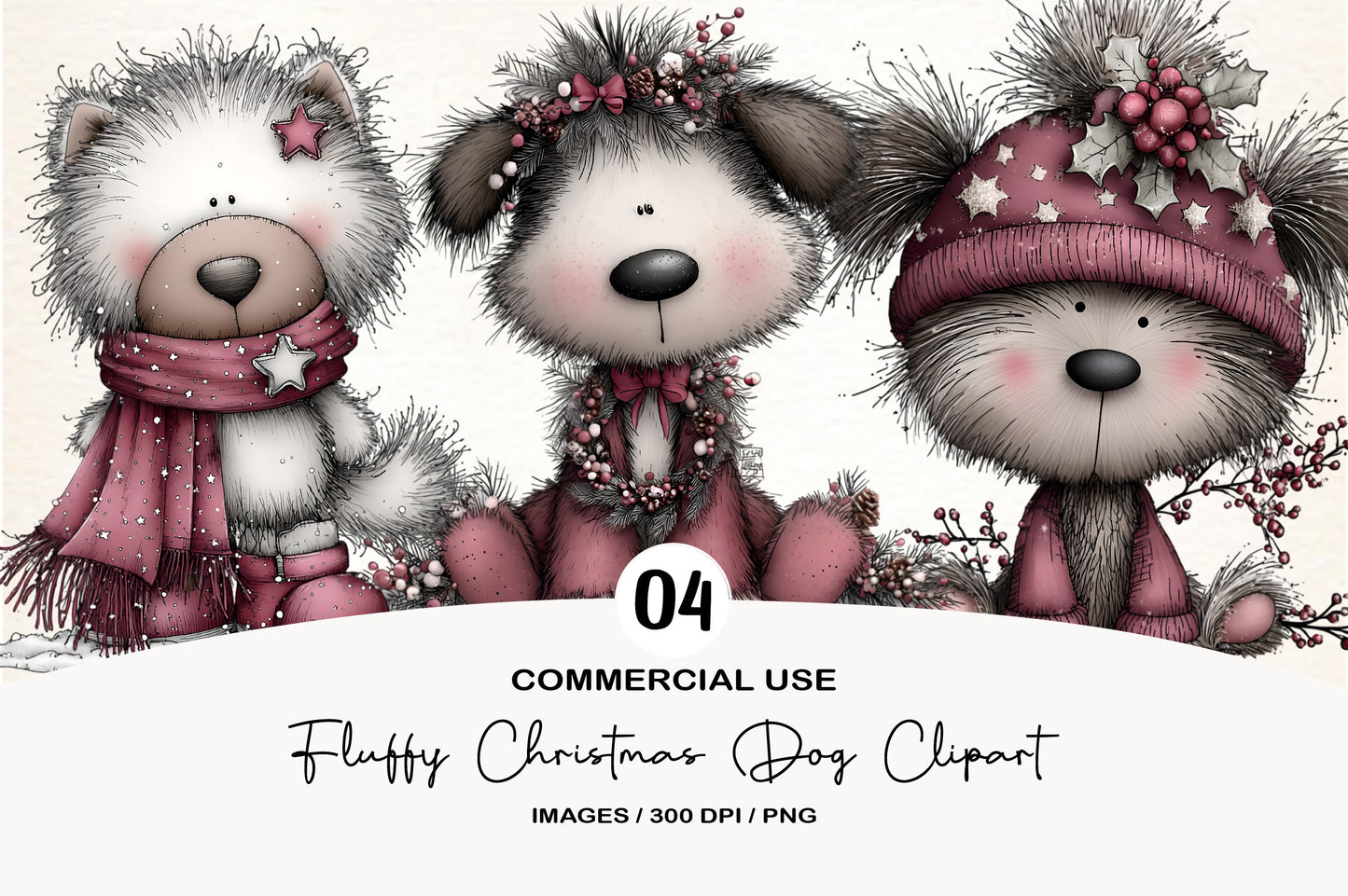 Fluffy Christmas Dog Clipart PNG Bundle | Cute Watercolor Holiday Dog Clipart | Cozy Winter Puppy PNG