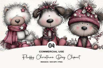 Fluffy Christmas Dog Clipart PNG Bundle | Cute Watercolor Holiday Dog Clipart | Cozy Winter Puppy PNG