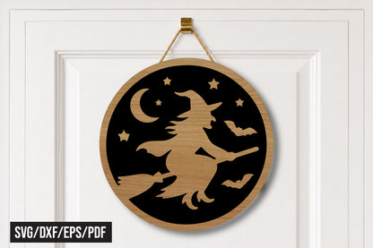 Flying Witch Round Door Hanger SVG