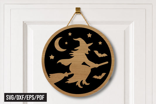 Flying Witch Round Door Hanger SVG