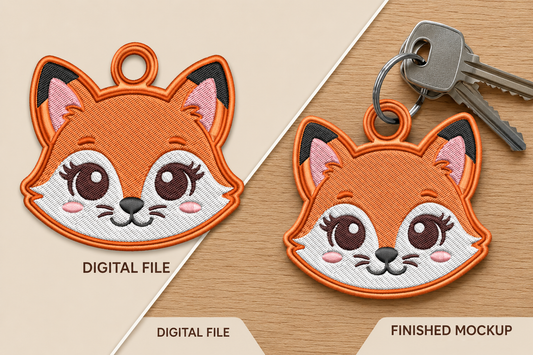 Cute Fox Keychain Embroidery Design – Adorable Woodland Fox Machine Embroidery Pattern, Fox Key Fob & Bag Charm Embroidery Design
