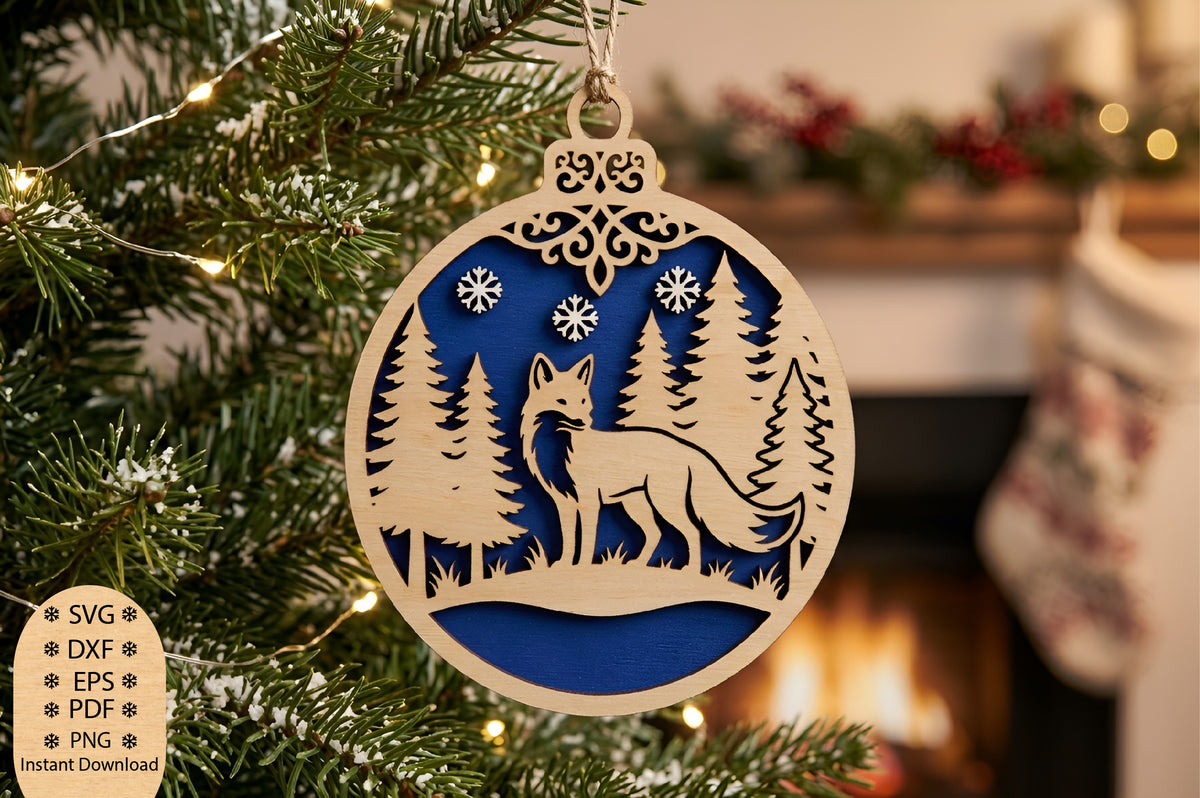Fox Christmas Forest Ornament Laser Cut SVG, Woodland Fox Ornament Cut File, Christmas Fox SVG, Winter Forest Decor