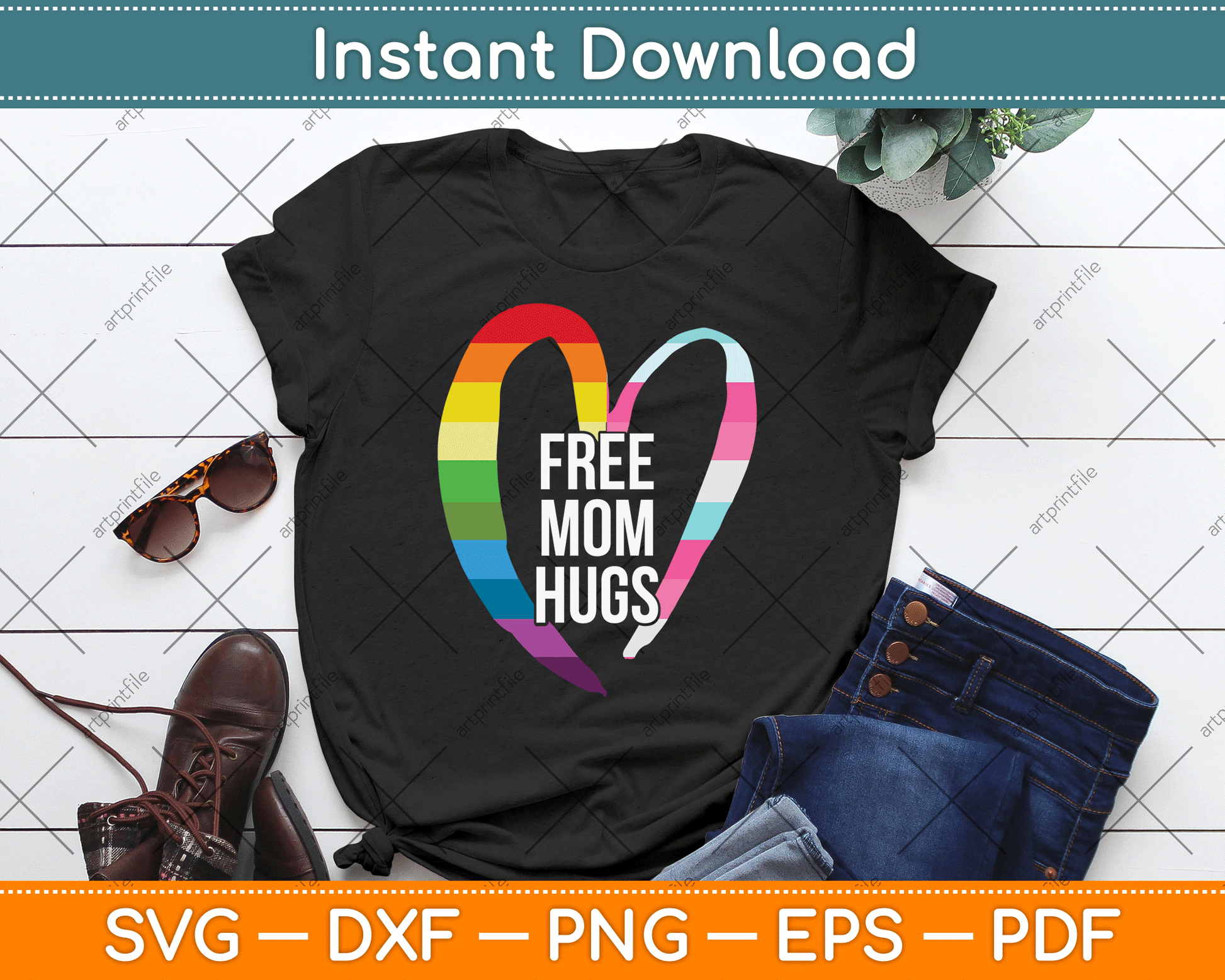 Free Mom Hugs Rainbow Heart LGBT Flag LGBT Pride Month SVG Digital Cutting File