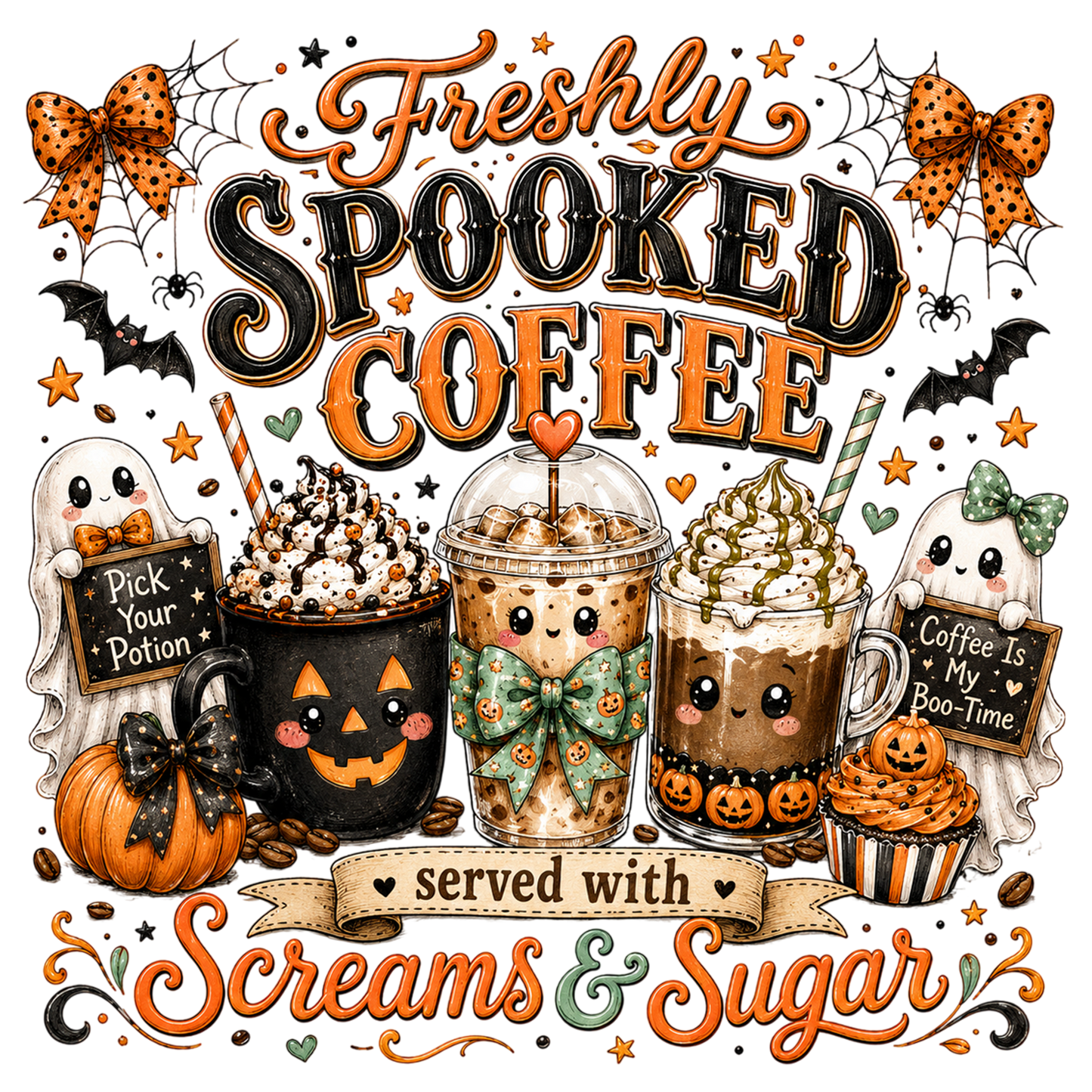 Freshly Spooked Coffee Halloween PNG Cute Boo Coffee Sublimation