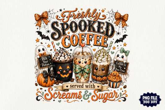 Freshly Spooked Coffee Halloween PNG Cute Boo Coffee Sublimation