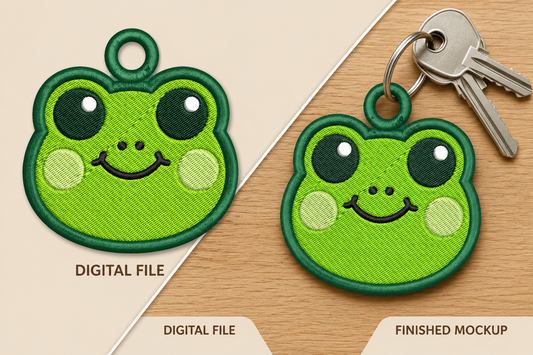 Cute Frog Keychain Embroidery Design – Adorable Frog Machine Embroidery Pattern, Frog Key Fob & Bag Charm Embroidery Design
