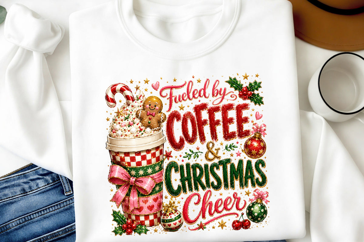 Fueled by Coffee & Christmas Cheer PNG | Christmas Coffee Cup Holiday Design