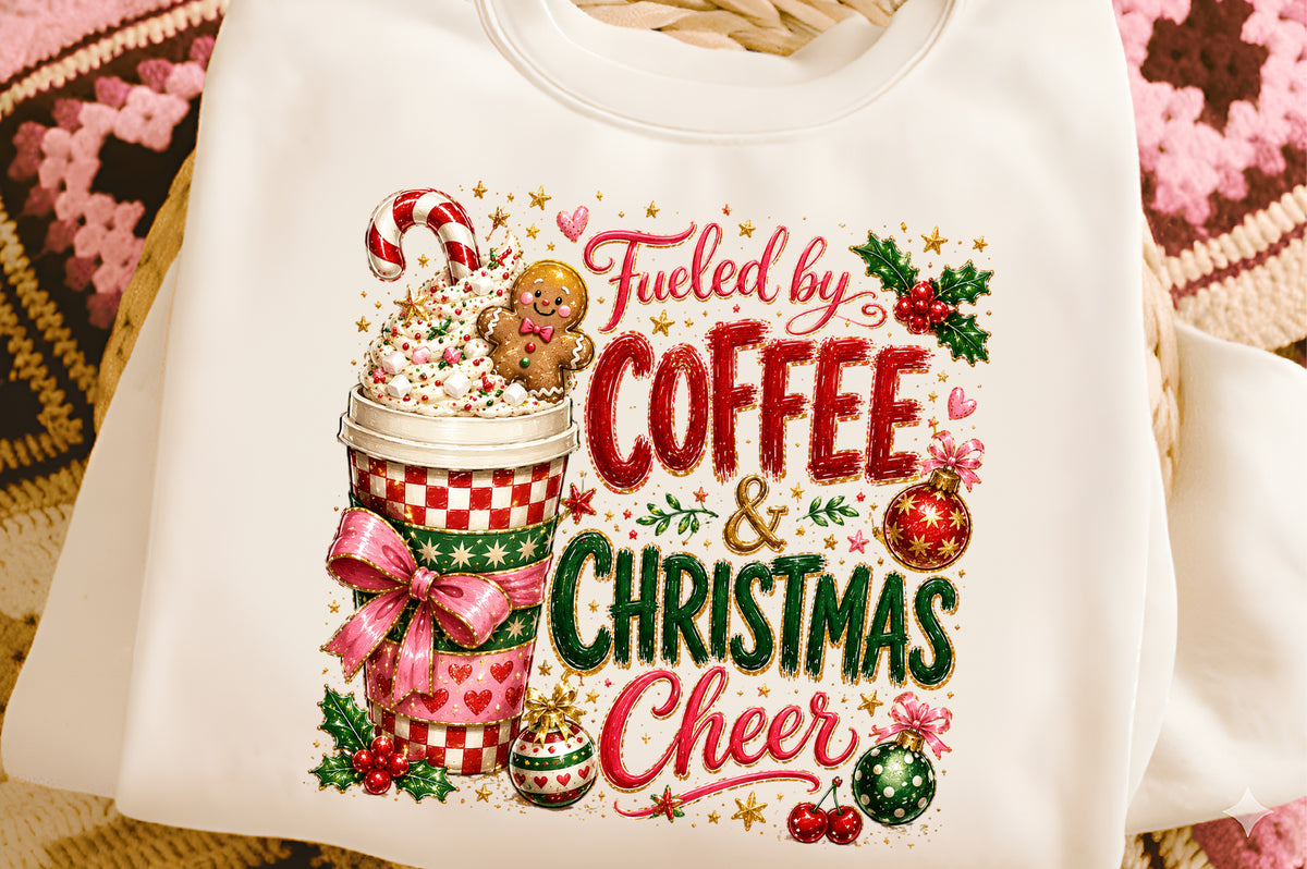 Fueled by Coffee & Christmas Cheer PNG | Christmas Coffee Cup Holiday Design