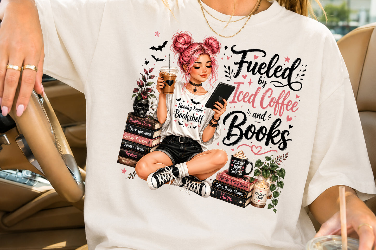 Fueled By Iced Coffee And Books PNG Spooky Bookish Girl Sublimation