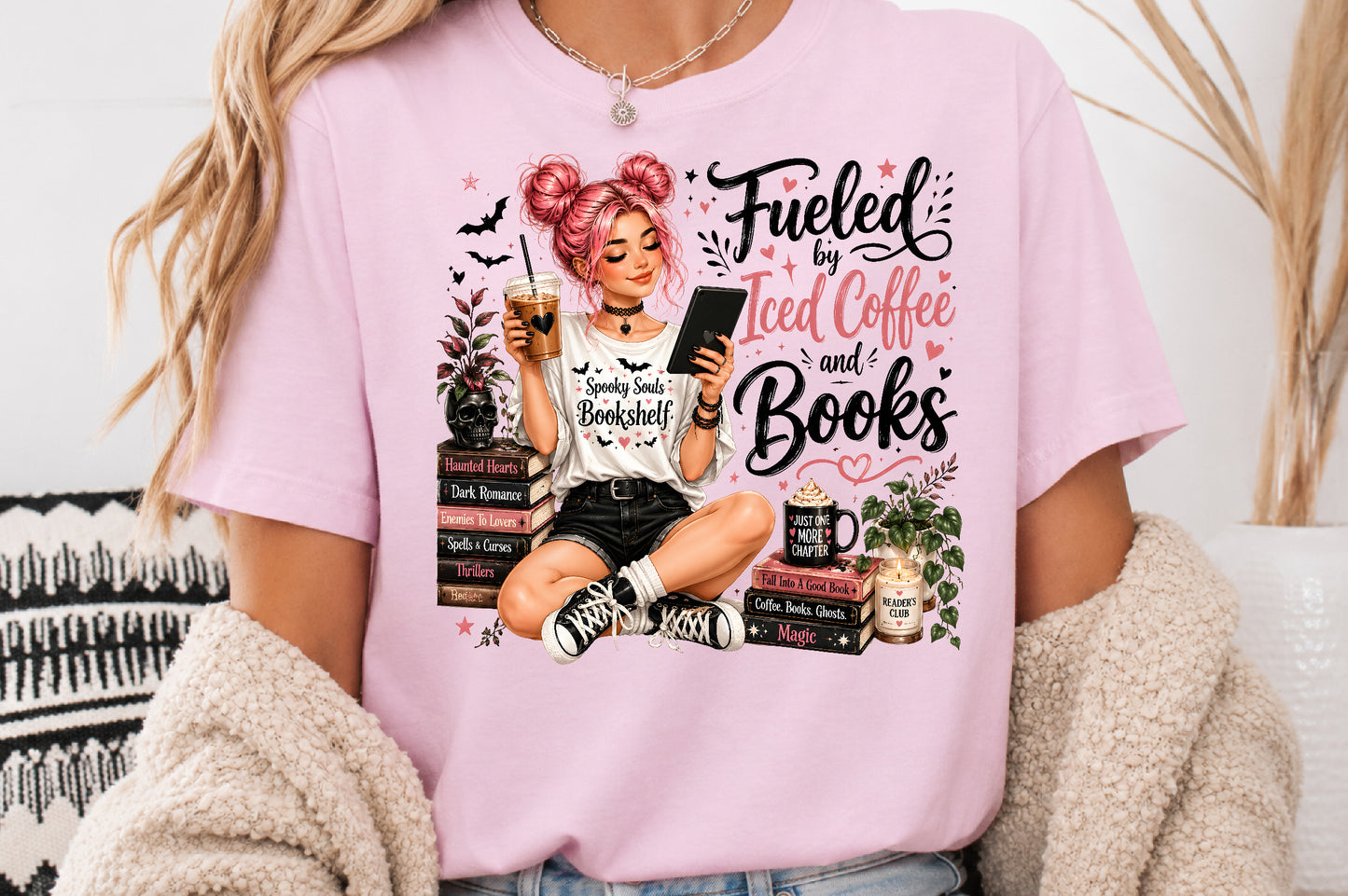 Fueled By Iced Coffee And Books PNG Spooky Bookish Girl Sublimation