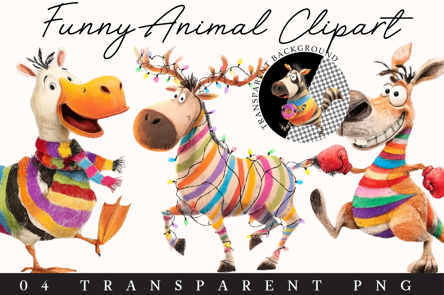 Funny Christmas Animal Clipart PNG – 4 Designs