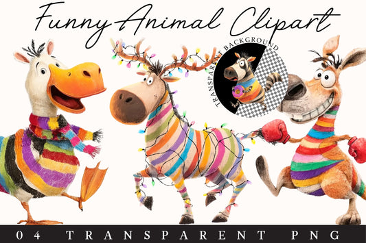 Funny Christmas Animal Clipart PNG – 4 Designs