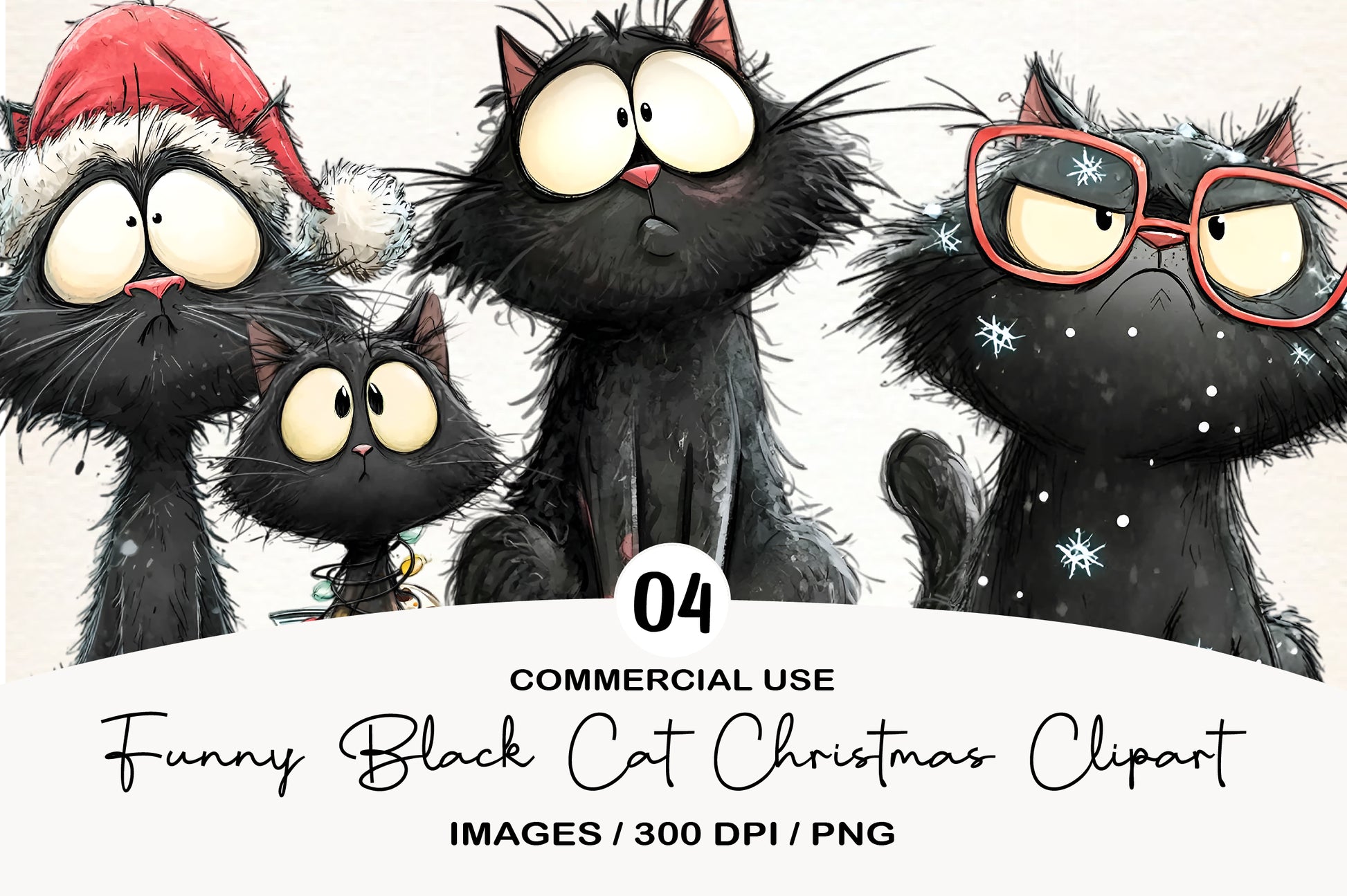 Funny Black Cat Christmas PNG | Cute Black Cat Clipart | 4 PNG