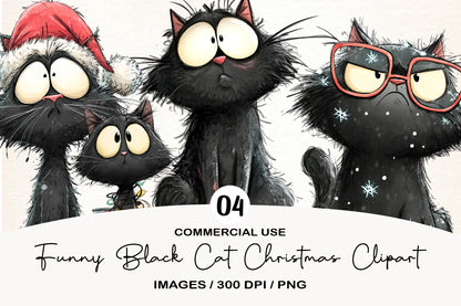 Funny Black Cat Christmas PNG | Cute Black Cat Clipart | 4 PNG