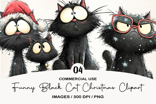 Funny Black Cat Christmas PNG | Cute Black Cat Clipart | 4 PNG