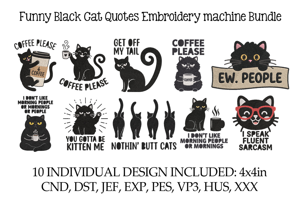 Funny Black Cat Embroidery Bundle