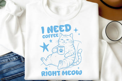 Funny Cat Coffee Pun PNG – I Need Coffee Right Meow
