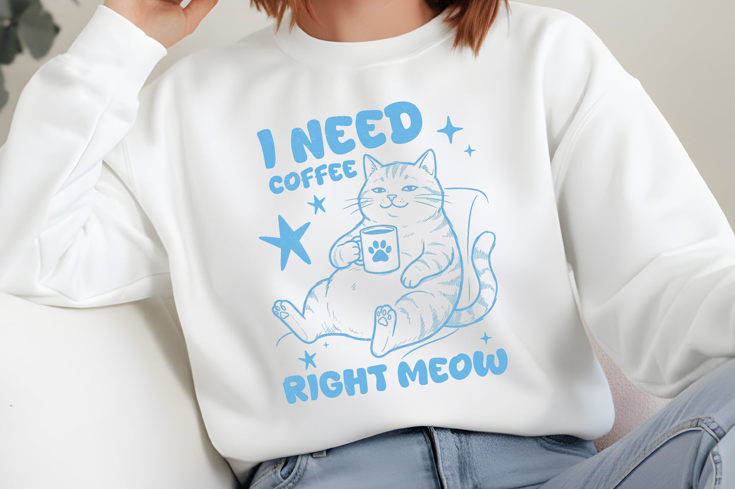 Funny Cat Coffee Pun PNG – I Need Coffee Right Meow