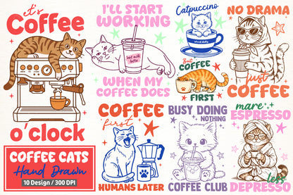 Funny Cat Coffee PNG Bundle, Hand Drawn Coffee Cat Designs