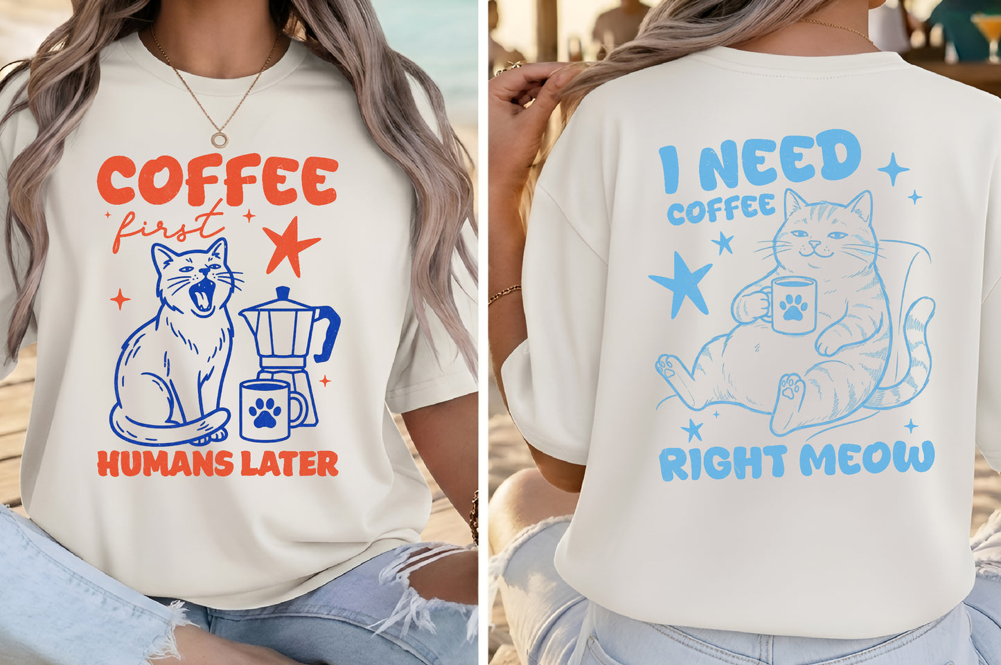 Funny Cat Coffee PNG Bundle, Hand Drawn Coffee Cat Designs