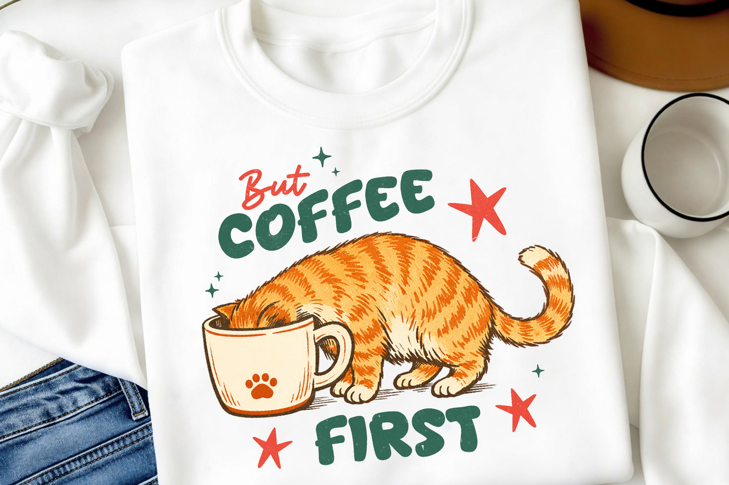 Funny Cat Coffee PNG Bundle, Hand Drawn Coffee Cat Designs