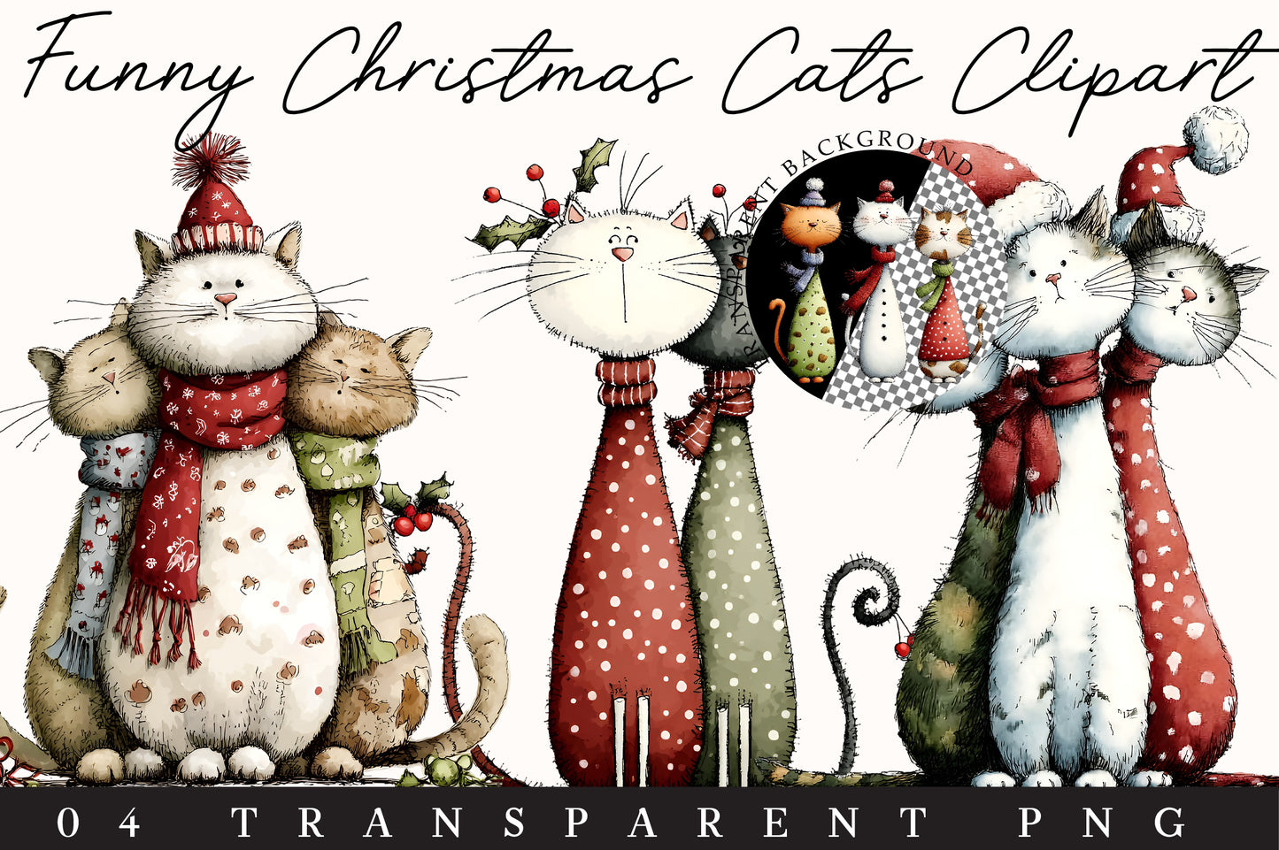 Funny Christmas Cats Clipart PNG – 4 Designs