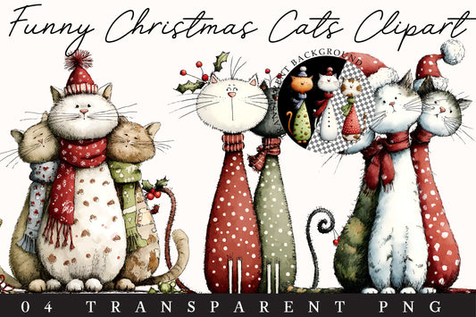 Funny Christmas Cats Clipart PNG – 4 Designs