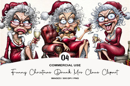 Funny Christmas Drunk Mrs Claus Clipart PNG