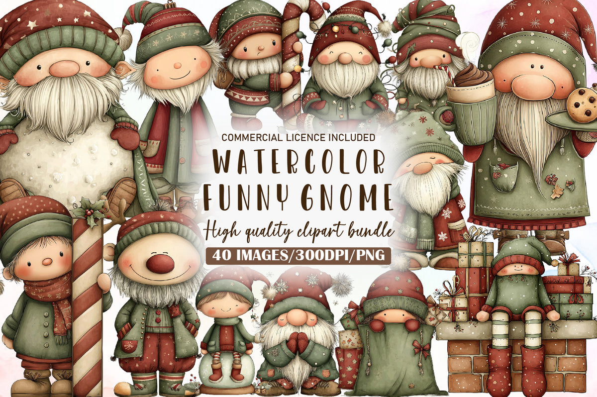 Funny Christmas Gnome Watercolor Clipart PNG Bundle